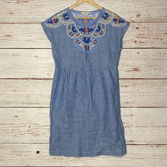 Boden Fleur Embroidered Linen Dress in Gray Blue Chambray Sz 6 - Picture 8 of 14